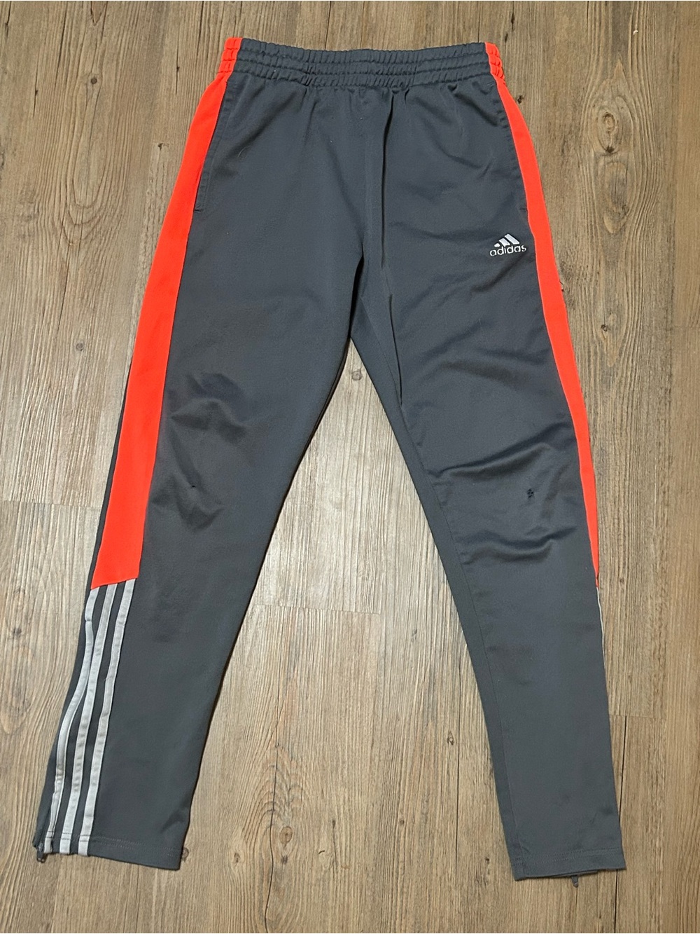 adidas Gray Joggers with Red Side Panels and Silver Stripes